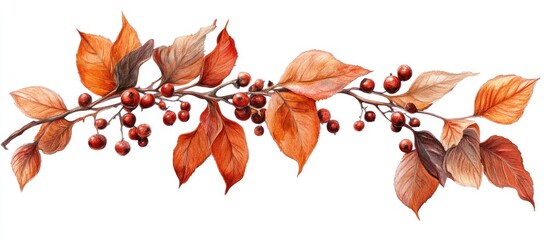 Aufkleber - Autumn leaves in shades of orange and brown with red berries arranged horizontally on a white background capturing seasonal beauty.