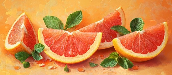 Poster - Fresh grapefruit slices arranged artistically on a textured orange background with vibrant green mint leaves enhancing the vibrant colors and freshness.