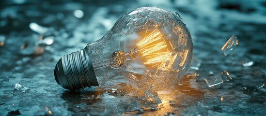 Leinwandbilder - Shattered glass fragments surround a broken light bulb on a reflective surface the bulb emits a soft glow with a bluish hue in the background