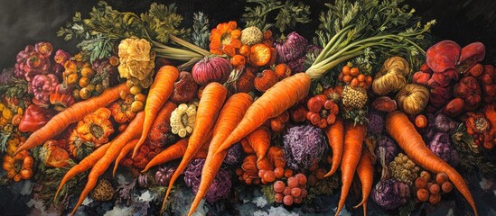 Poster - Vibrant assortment of freshly harvested carrots in vivid orange, surrounded by colorful vegetables, arranged artistically for a stunning visual display.
