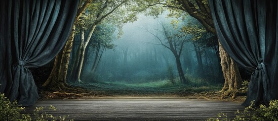 Aufkleber - Enchanting forest stage with deep greens and soft blues, featuring dark curtains on the sides and a tranquil, illuminated backdrop creating mystery.