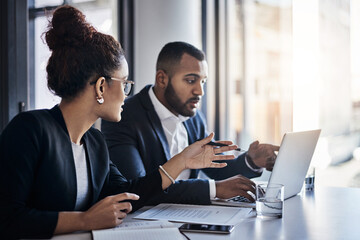 Aufkleber - Planning, laptop and meeting with business people in office together for project management or brainstorming. Documents, conversation and review with man, woman or workplace for b2b collaboration