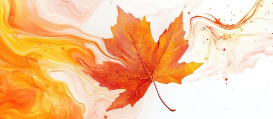 Aufkleber - Vibrant orange maple leaf against a swirling white and orange abstract background with flowing patterns highlighted in smooth gradients