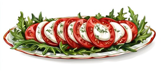 Poster - Handcrafted plate with vibrant sliced Caprese salad featuring layers of fresh mozzarella and ripe tomatoes, elegantly arranged on arugula at the base.