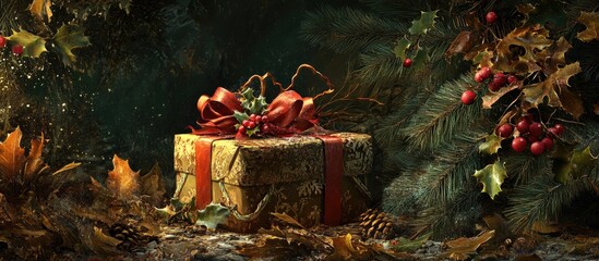 Aufkleber - Christmas gift box wrapped with red ribbon surrounded by pine branches and autumn leaves in earthy tones showcasing a festive holiday spirit
