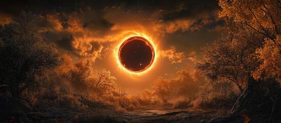 Poster - Majestic solar eclipse with a dramatic orange and black sky, surrounded by dark trees on either side, creating a mystical atmosphere.