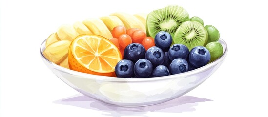 Poster - Colorful assortment of fresh fruits in a clear bowl featuring yellow bananas, orange slices, green kiwi, and blueberries against a white background.