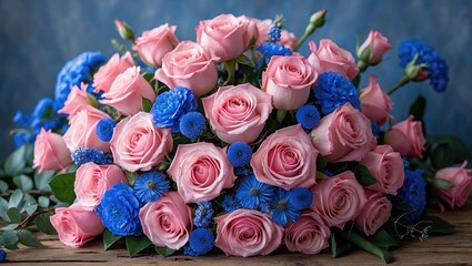 Wall Mural - Pink roses and blue flowers arrangement on wooden surface against a blue background with greenery accents in a natural light setting.