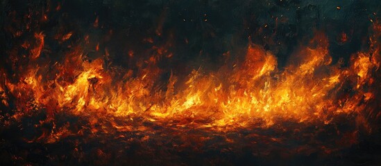 Aufkleber - Lively orange flames flicker against a deep black backdrop, showcasing captivating fire textures in a sweeping panoramic view.