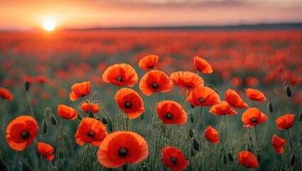 Wall Mural - Vibrant field of red poppy flowers at sunset with soft evening light and blurred background showcasing natural beauty and tranquility