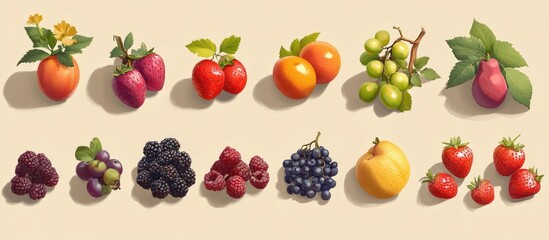 Poster - Vibrant aerial view of assorted fruits including purple plums, cherries, green grapes, and strawberries arranged in a colorful linear fashion.