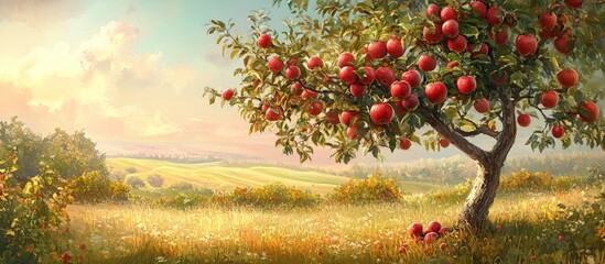 Aufkleber - Vibrant apple tree with ripe red apples on left, green grass and rolling hills in soft focus background, warm sunlight illuminating scene.