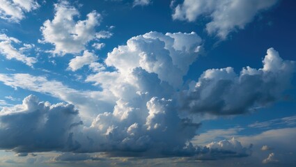 Wall Mural - dramatic cloud formations against a bright blue sky with varying shades of white and gray revealing 
