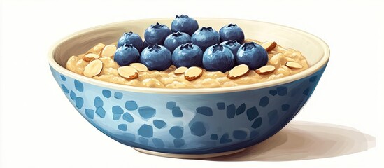 Aufkleber - Nutritious breakfast bowl with creamy oatmeal topped with vibrant blueberries and crunchy almonds set against a light background in a blue bowl.
