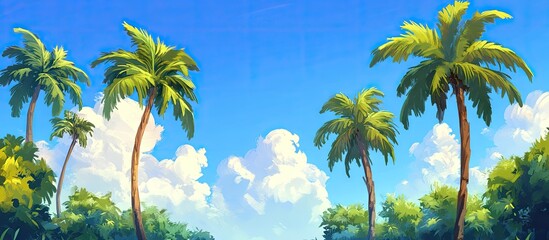 Aufkleber - Tropical landscape featuring tall coconut palms with lush green fronds against a bright blue sky adorned with fluffy white clouds creating a serene atmosphere