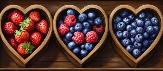 Poster - Colorful assortment of fresh strawberries raspberries and blueberries in heart shaped wooden boxes against a dark wooden background