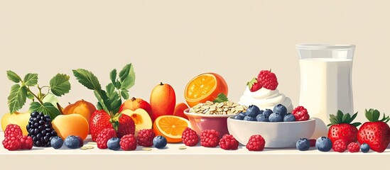 Aufkleber - Nutritious breakfast spread with oatmeal topped with fruits and nuts, accompanied by yogurt and fresh berries, vibrant colors and balanced arrangement.