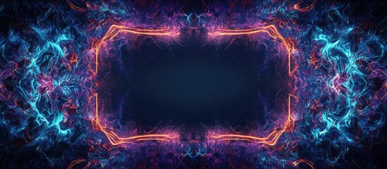 Aufkleber - Neon light frame in vibrant pink and blue hues surrounds a dark textured backdrop with an empty center, creating a striking visual contrast.
