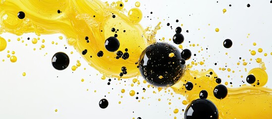 Leinwandbilder - Dynamic splash of vibrant yellow liquid with black spheres against a white background, showcasing movement and contrast in artful composition.