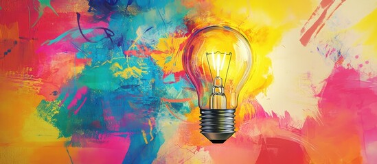 Aufkleber - Vibrant abstract background with blue, yellow, and pink hues featuring a glowing lightbulb centered to symbolize innovative business success and ideas