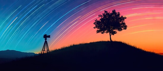Aufkleber - Silhouetted camera on tripod with solitary tree on hill under vibrant star trails in colorful dusk sky showcasing night timelapse photography.