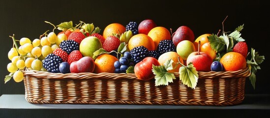 Poster - Vibrant wicker basket filled with assorted fresh summer fruits in varied colors like red, yellow, green, and purple against a dark background.