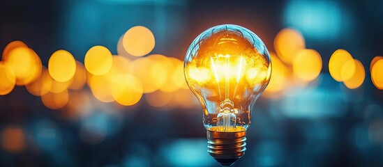 Poster - Illuminated vintage lightbulb glowing brightly in the foreground with a soft blue and orange bokeh background creating a warm, inviting atmosphere.