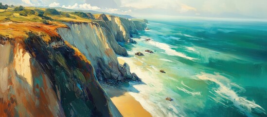 Aufkleber - Aerial view of coastal cliffs featuring vibrant green vegetation and orange hues contrasted against turquoise ocean waves and sandy beach shoreline.