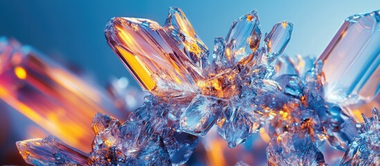 Poster - Macro image showcasing intricate crystalline structures of a frozen pharmaceutical compound with blue and orange hues, emphasizing sharp, detailed facets.