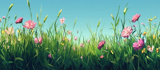 Aufkleber - Vibrant spring blooms in a lush green meadow against a clear blue sky with towering grass positioned prominently in the foreground for text insertion