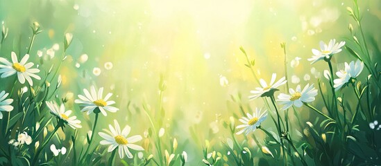 Aufkleber - Vibrant chamomile flowers in a lush green landscape with soft sunlight creating a warm glow, wide format with ample copy space for text.