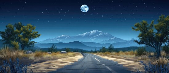 Poster - Nighttime asphalt road leading to distant mountains under a bright full moon, surrounded by sparse vegetation and starry sky in deep blue tones