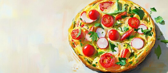 Poster - Vibrant Italian frittata with red radishes, cherry tomatoes, and fresh herbs set against a soft light background highlighting colorful ingredients