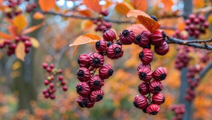 Wall Mural - Red berry clusters on a branch with autumn leaves in a blurred background of foliage colors.