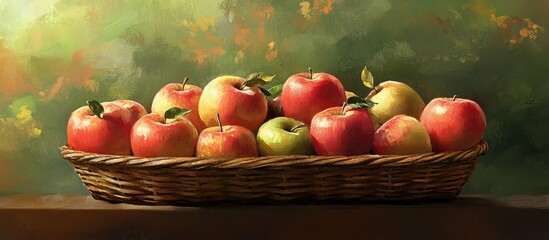 Poster - Fresh red and green apples arranged in a wicker basket with soft green blurred background highlighting their vibrant colors and texture