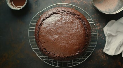 Wall Mural - Dark and fudgy homemade chocolate cake in a round shape, baked to perfection, sitting on a cooling rack, photographed from above.