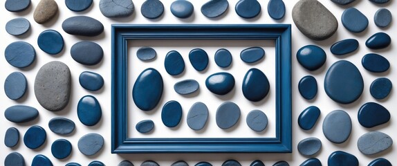 Wall Mural - Blue pebbles and stones arranged around an empty wooden photo frame on a light background