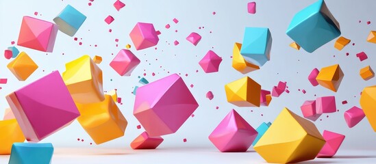 Leinwandbilder - Colorful 3D polygonal shapes in pink yellow and blue floating against a soft white background creating a vibrant abstract design.