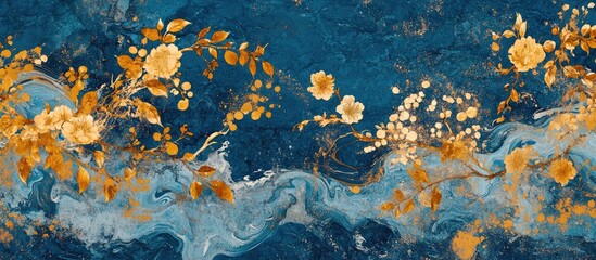 Fototapete - Elegant floral pattern on deep blue background featuring golden yellow and white flowers with fluid, swirling textures, creating a harmonious design.