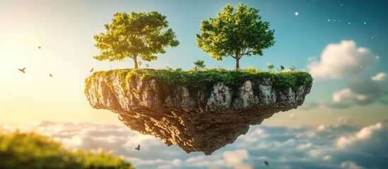 Aufkleber - Floating island with two green trees and lush grass illuminated by soft sunlight, surrounded by clouds in a vibrant blue sky.