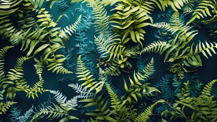 Wall Mural - Green ferns and leaves pattern on dark background for botanical and nature themed design applications