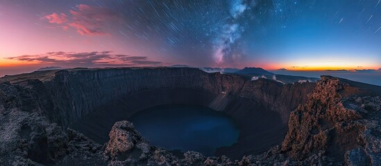 Poster - Stunning night landscape of an ancient volcano crater lake under vibrant star trails in shades of blue and purple showcasing a breathtaking timelapse sky.