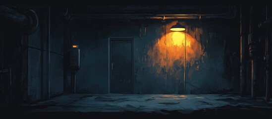 Aufkleber - Dimly lit underground passage lit by a flickering yellow light against dark walls evoking mystery suspense with a door at the end of the corridor