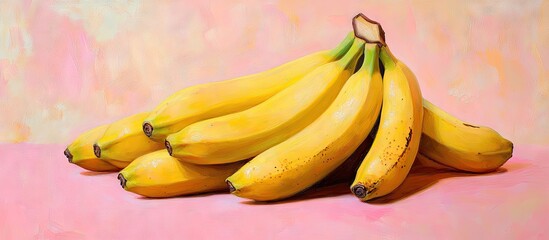 Poster - Fresh ripe bananas arranged in a cluster on a soft pink background with pastel hues highlighting their vibrant yellow color and smooth texture.