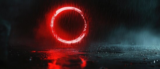 Fototapete - Red circular light illuminating a dark, wet surface with rain droplets against a pitch black night sky, creating a moody atmospheric vibe.
