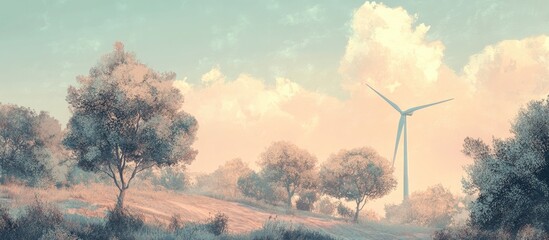 Poster - Serene wind turbine surrounded by trees against a soft pastel sky with hues of pink and blue creating a tranquil landscape.