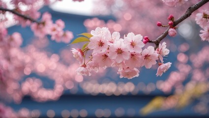 Wall Mural - Cherry blossom branches with pink flowers in soft focus against a blurred background of lights and foliage.