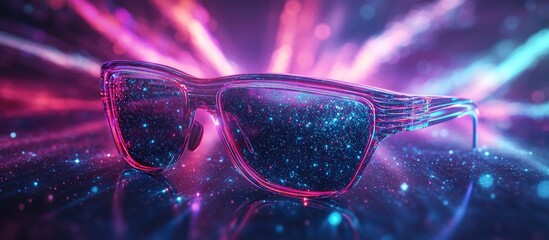 Leinwandbilder - Glowing 3D glasses with luminous neon outlines and vibrant particles against a cosmic abstract background showcasing depth and vivid colors