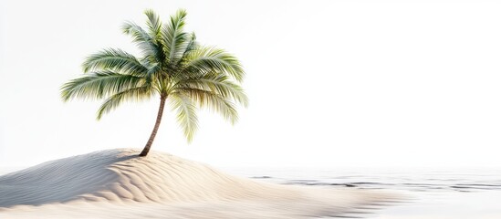 Poster - Tranquil tropical scene featuring a vibrant green palm tree positioned to the left on golden sand under a bright white background.
