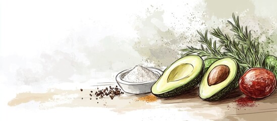 Aufkleber - Fresh avocados sliced in half with a dark pit, accompanied by a small bowl of salt, a red tomato, and green herbs on a textured wood surface under soft light.